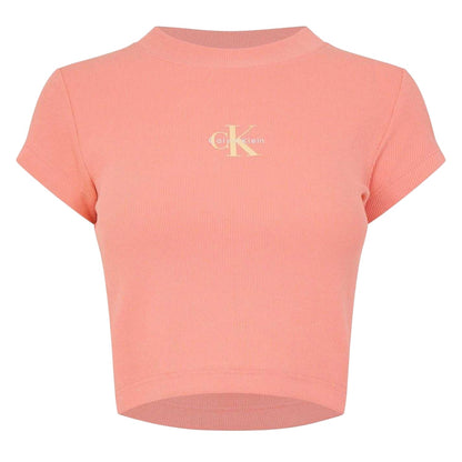 Powder - Front - Calvin Klein Womens-Ladies Mono Ribbed Crop T-Shirt