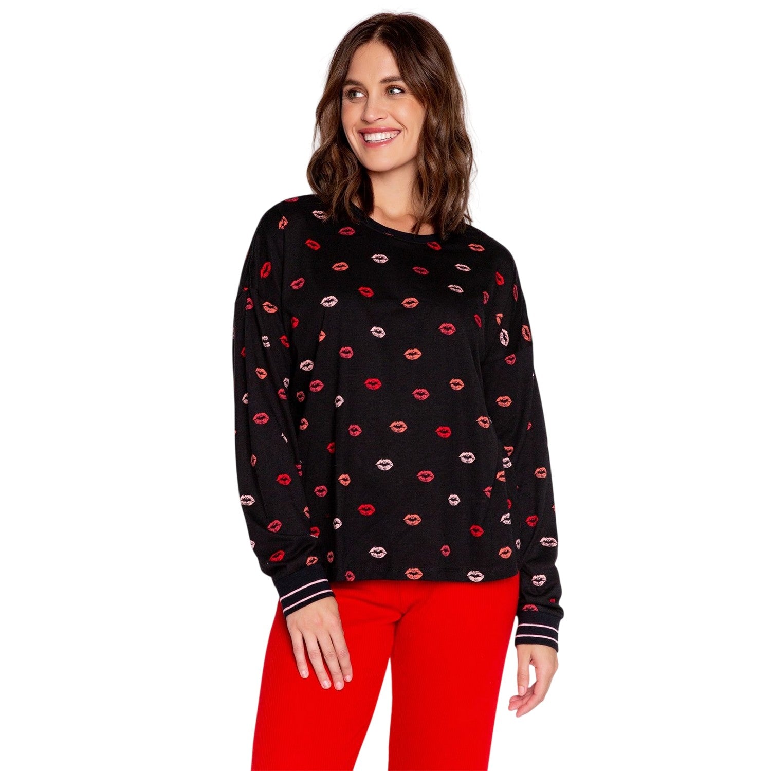 Black-Red-Pink - Back - PJ Salvage Womens-Ladies Lippy Long-Sleeved Pyjama Top