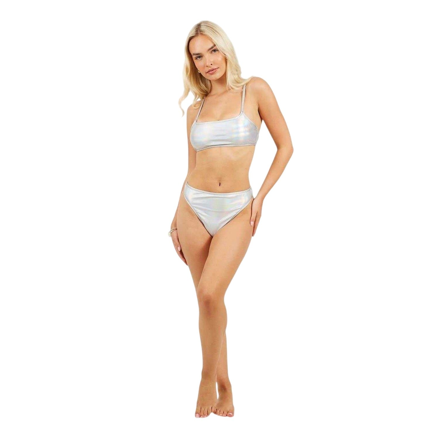 Metallic Silver - Lifestyle - Brave Soul Womens-Ladies Holographic High Waist Bikini Bottoms