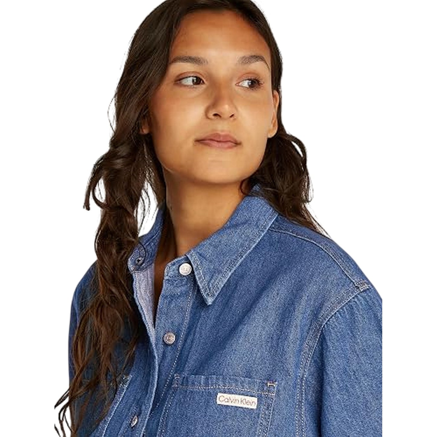 Medium Blue - Side - Calvin Klein Womens-Ladies Denim Collared Boxy Mini Shirt Dress