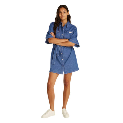 Medium Blue - Lifestyle - Calvin Klein Womens-Ladies Denim Collared Boxy Mini Shirt Dress