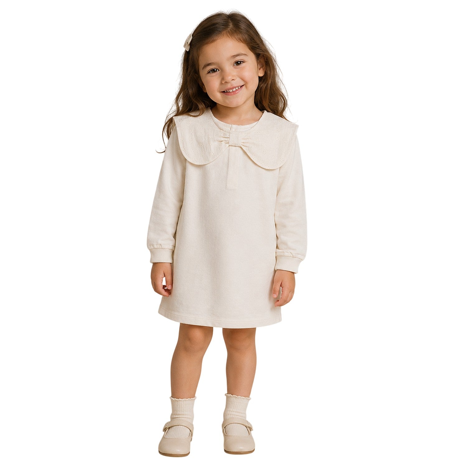 Cream - Side - Miso Childrens-Kids Bow Crew Neck 3-4 Sleeve Sweatshirt Dress