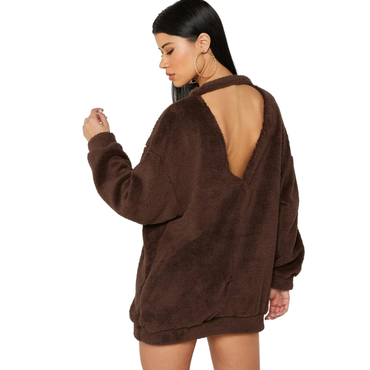 Chocolate - Back - Missy Empire Womens-Ladies Borg Jumper Dress