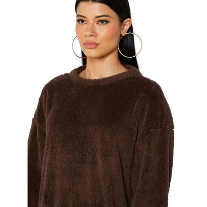 Chocolate - Side - Missy Empire Womens-Ladies Borg Jumper Dress