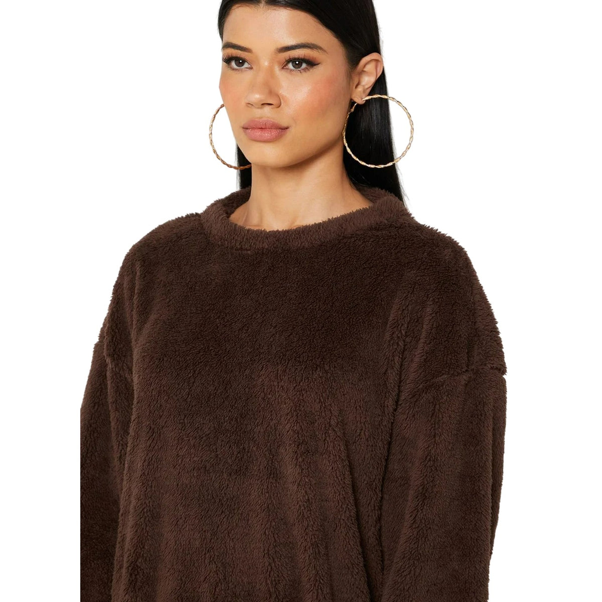 Chocolate - Side - Missy Empire Womens-Ladies Borg Jumper Dress