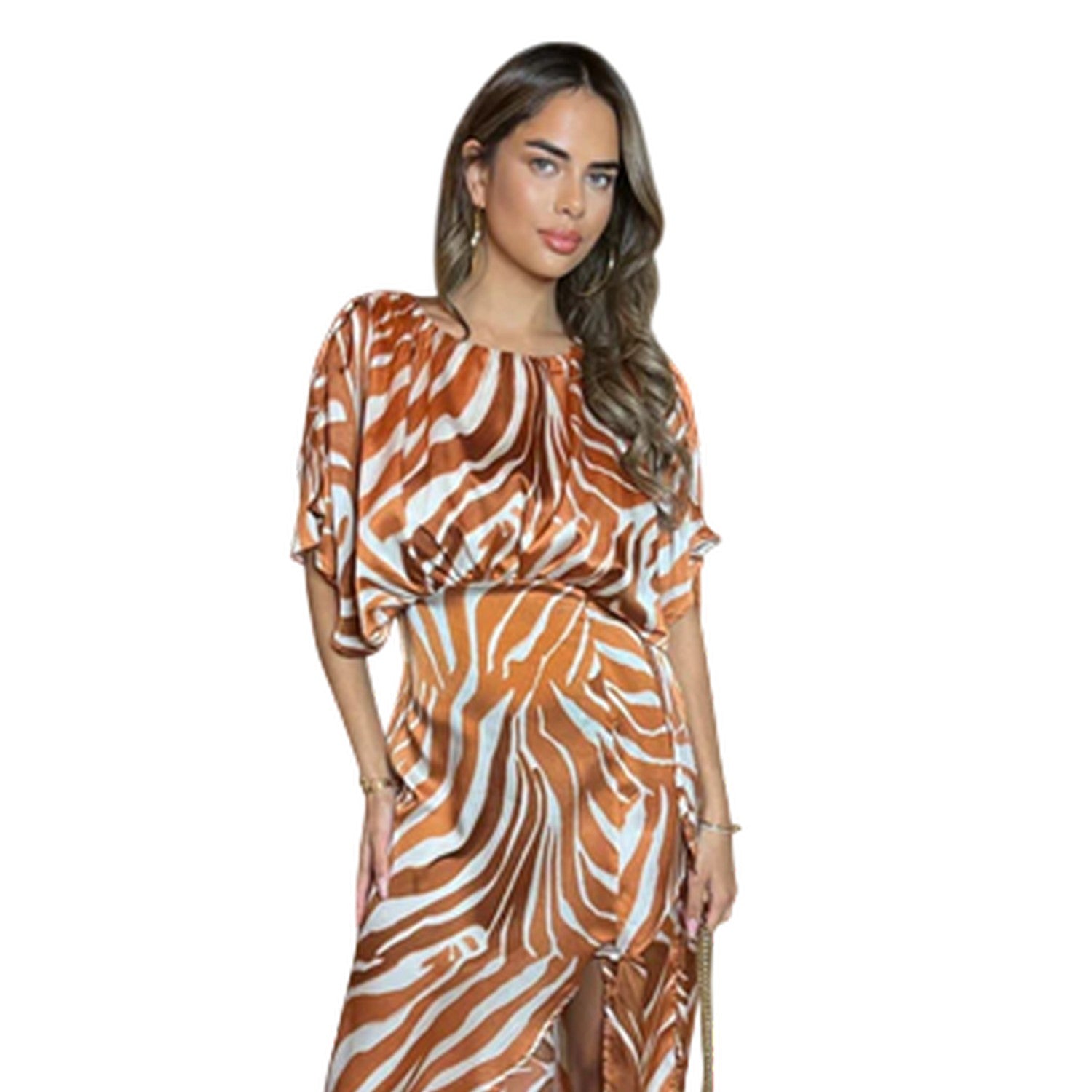 Rust - Side - AX Paris Womens-Ladies Zebra Print Polyester Batwing Sleeve Midi Dress