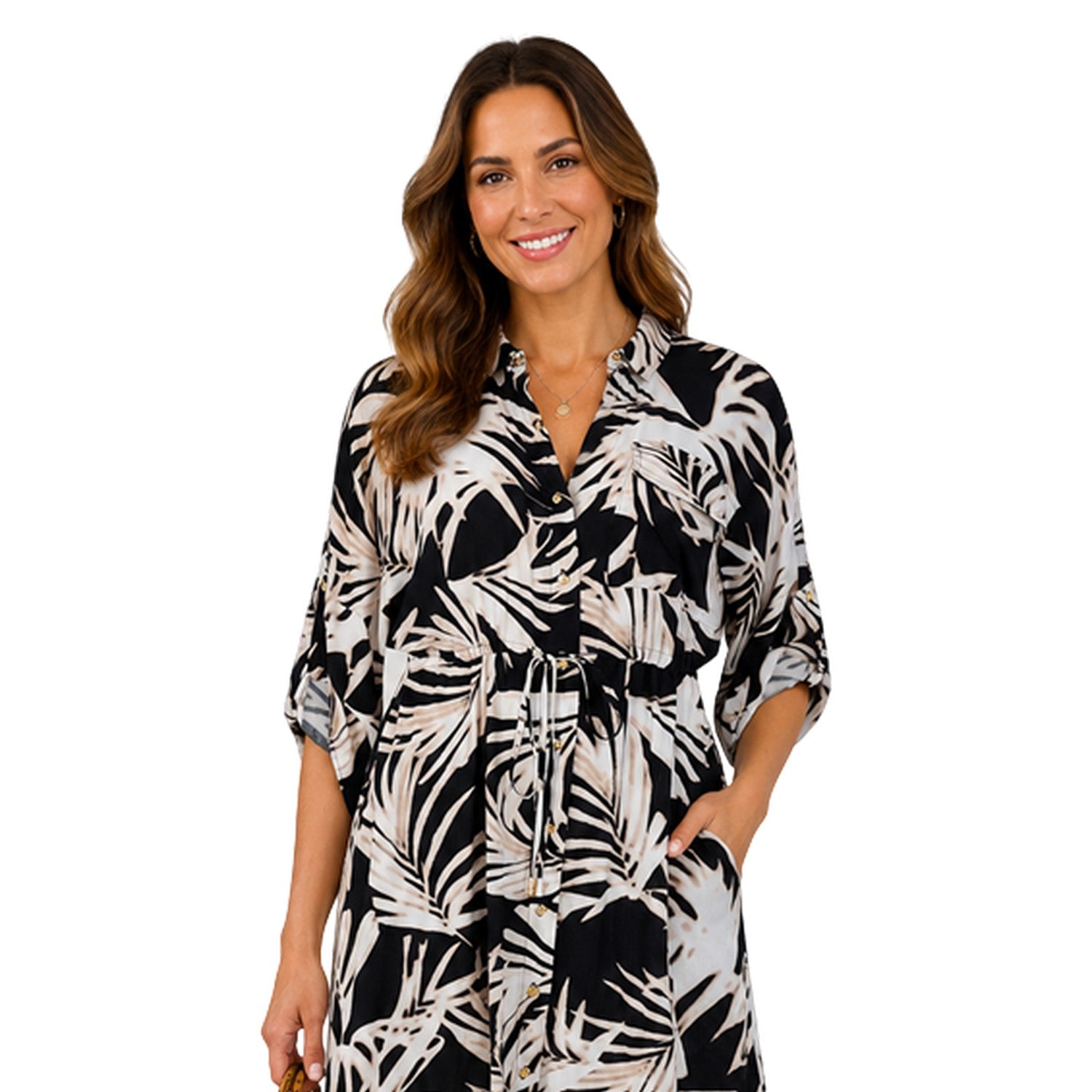 Black-White - Side - Biba Womens-Ladies Leaf Print Pocket Midi Shirt Dress