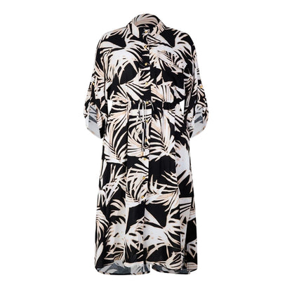 Black-White - Front - Biba Womens-Ladies Leaf Print Pocket Midi Shirt Dress