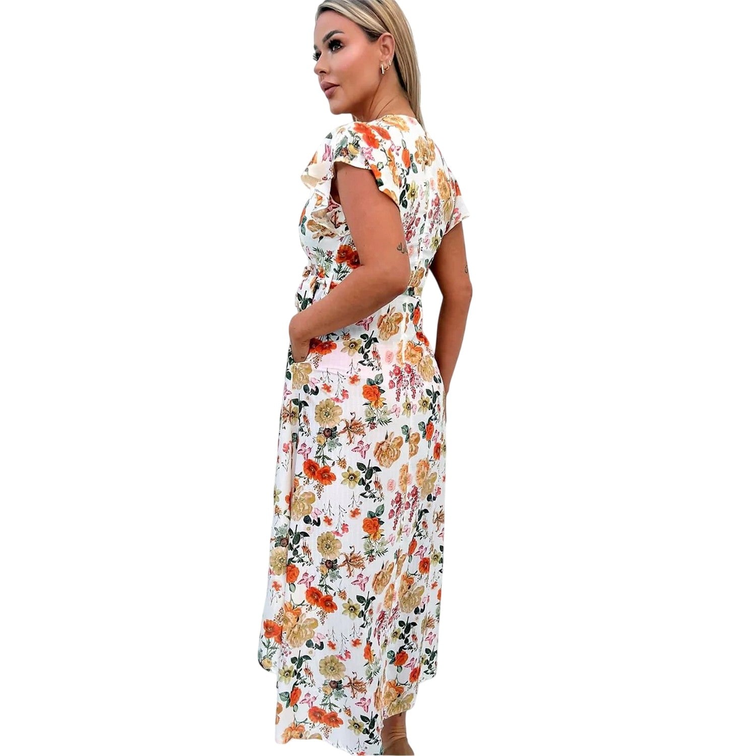 Cream-Multicoloured - Back - AX Paris Womens-Ladies Floral Polyester Belted Wrap Dress