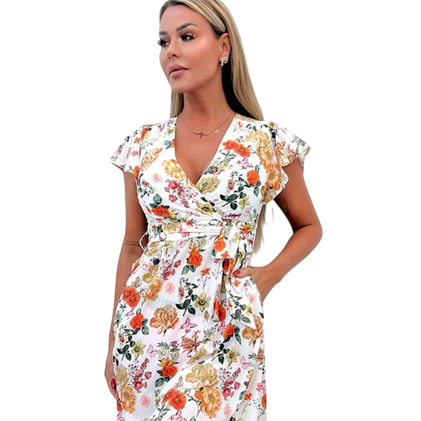 Cream-Multicoloured - Side - AX Paris Womens-Ladies Floral Polyester Belted Wrap Dress