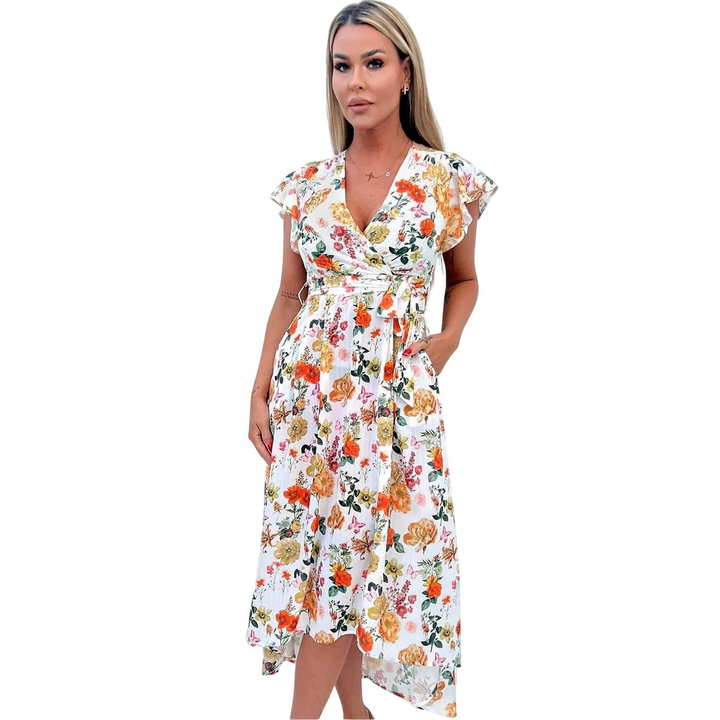 Cream-Multicoloured - Lifestyle - AX Paris Womens-Ladies Floral Polyester Belted Wrap Dress
