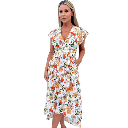 Cream-Multicoloured - Lifestyle - AX Paris Womens-Ladies Floral Polyester Belted Wrap Dress