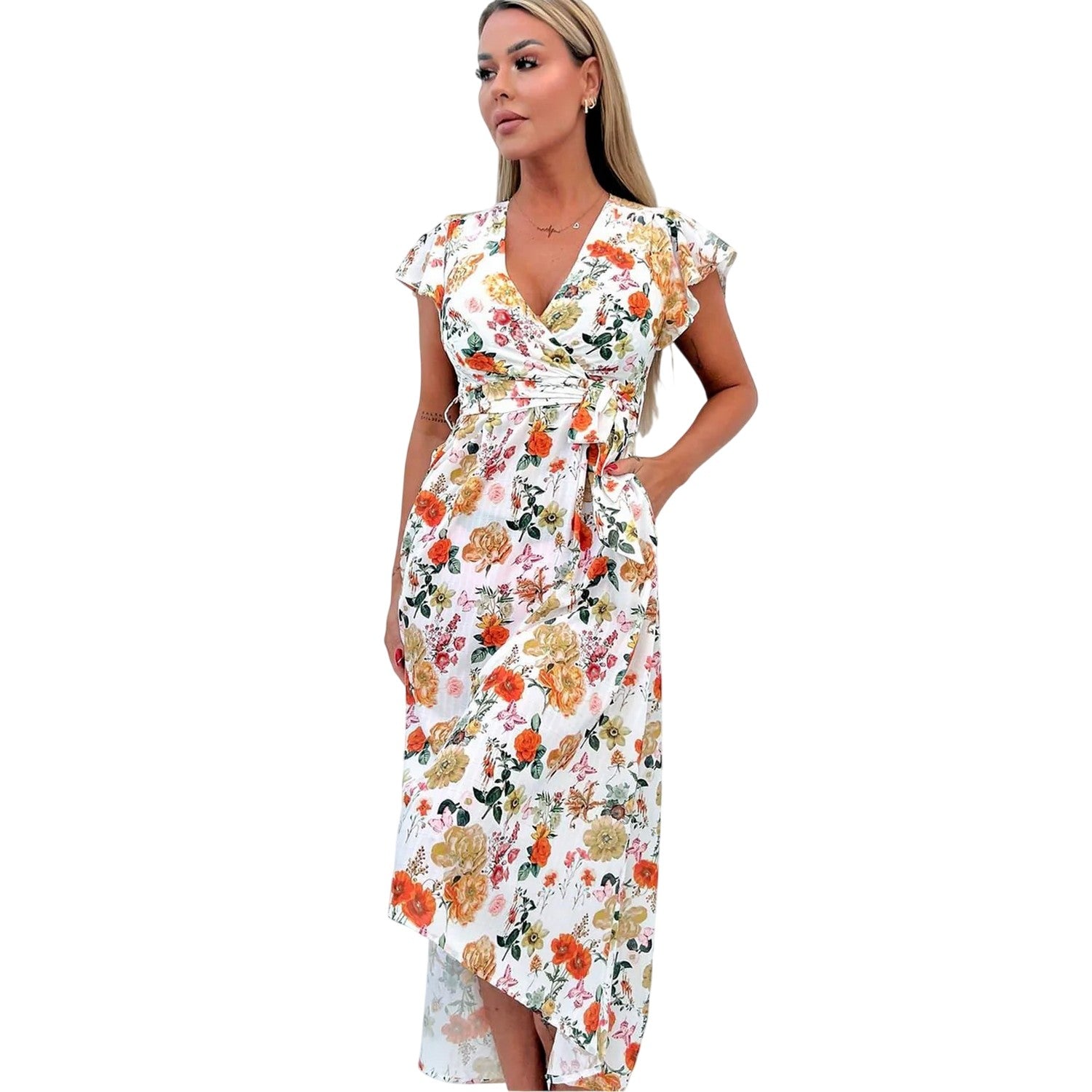 Cream-Multicoloured - Front - AX Paris Womens-Ladies Floral Polyester Belted Wrap Dress