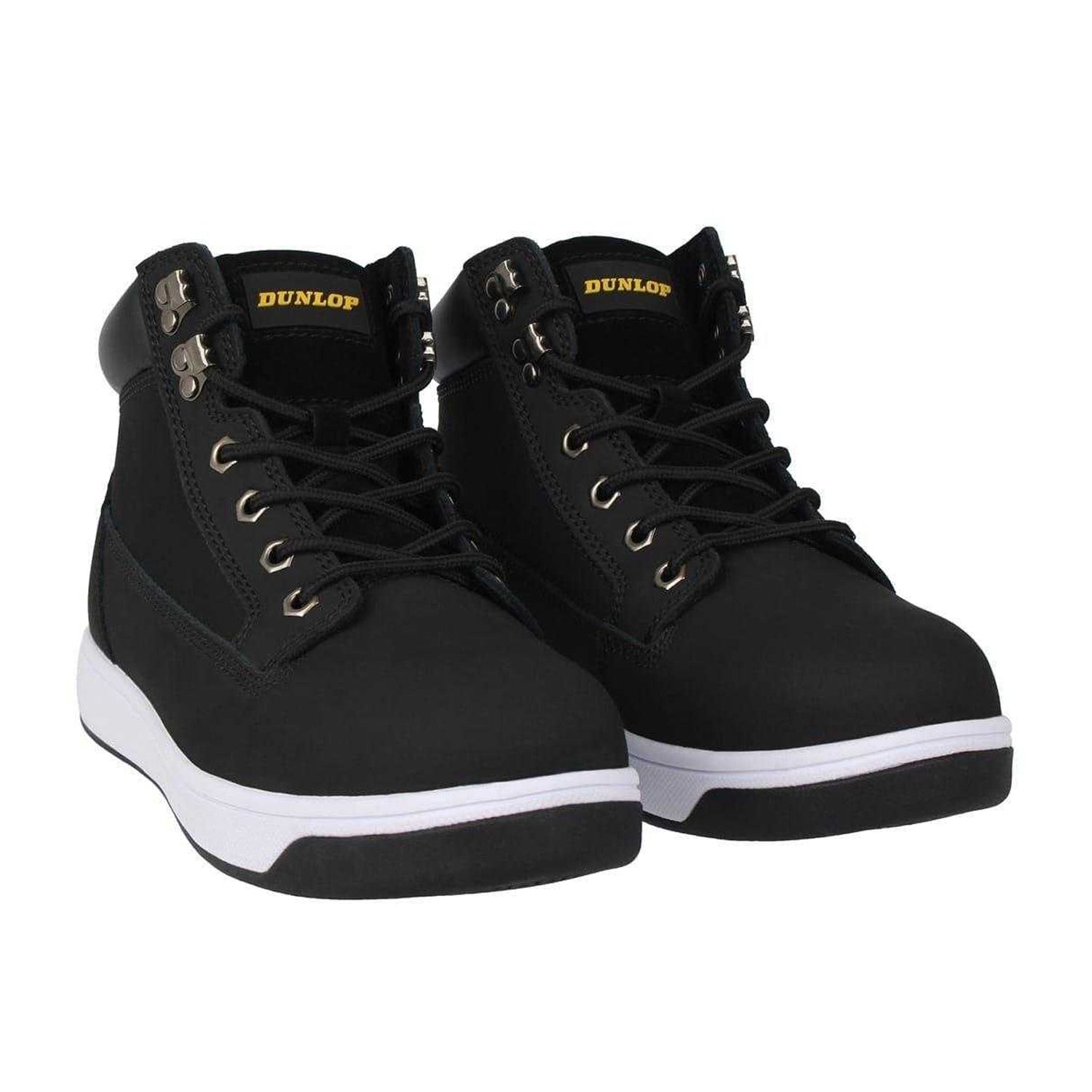 Black-White - Pack Shot - Dunlop Mens Nebraska Coated Leather Steel Toe Cap Flat Safety Boots