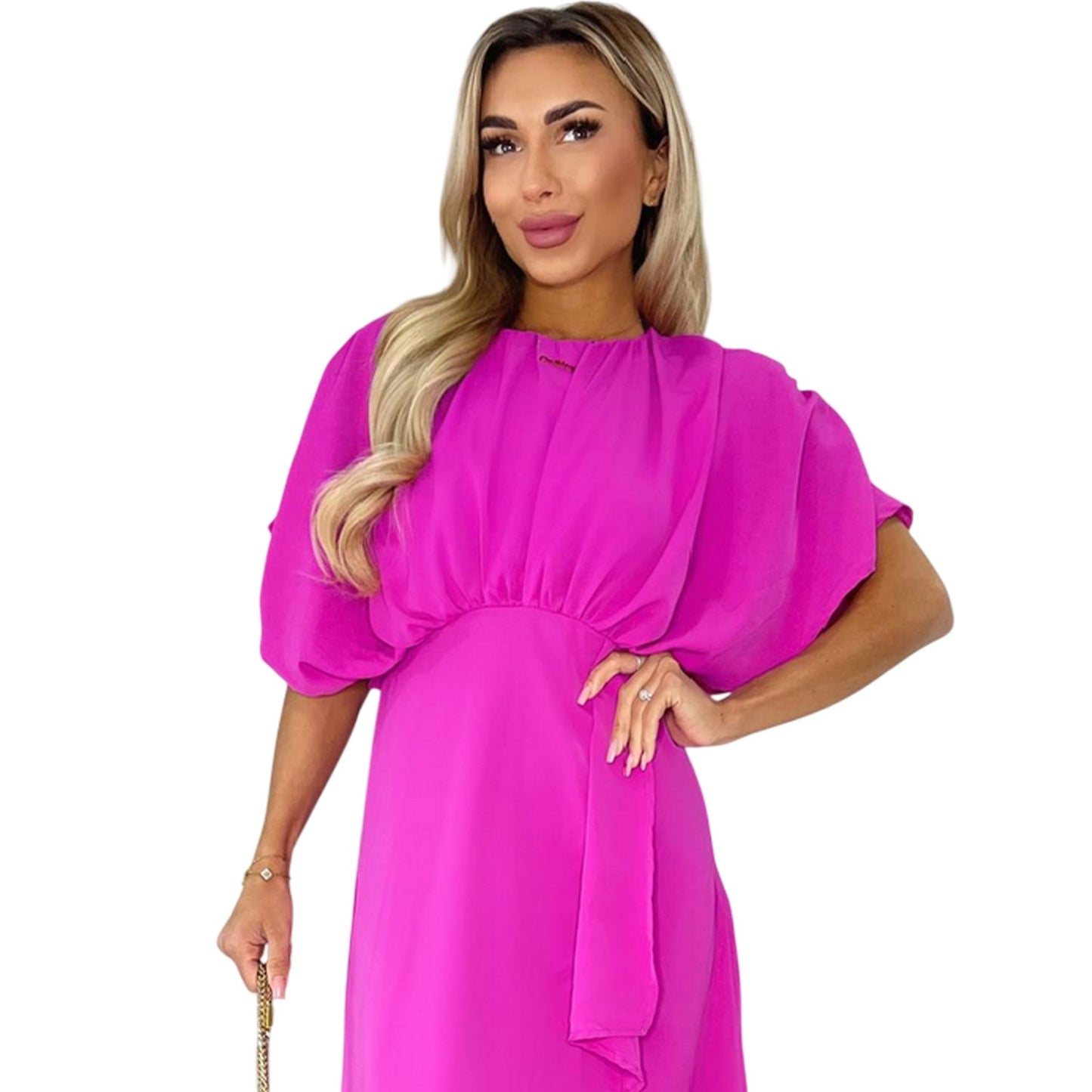 Hot Pink - Side - AX Paris Womens-Ladies Polyester Batwing Sleeve Midi Dress