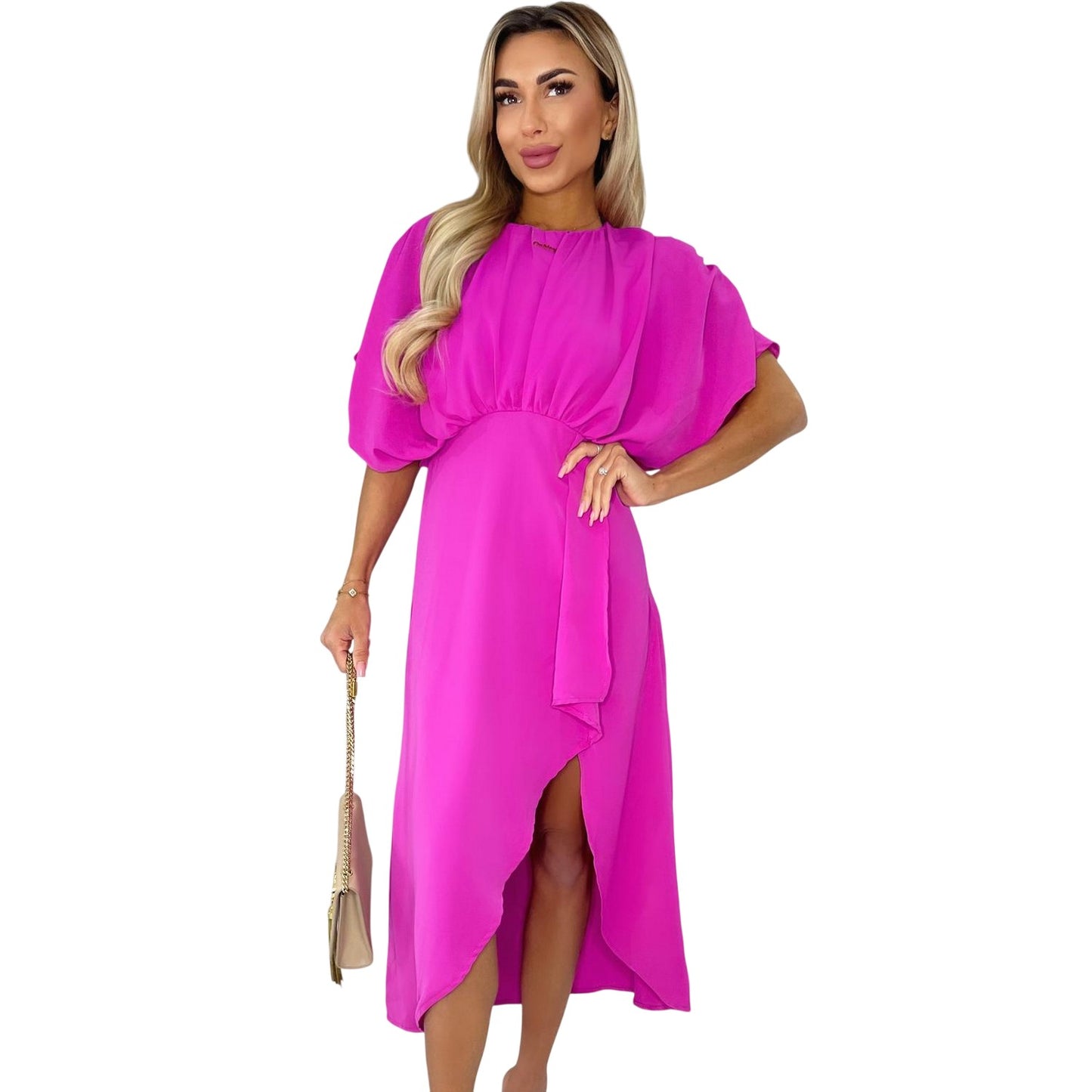 Hot Pink - Front - AX Paris Womens-Ladies Polyester Batwing Sleeve Midi Dress