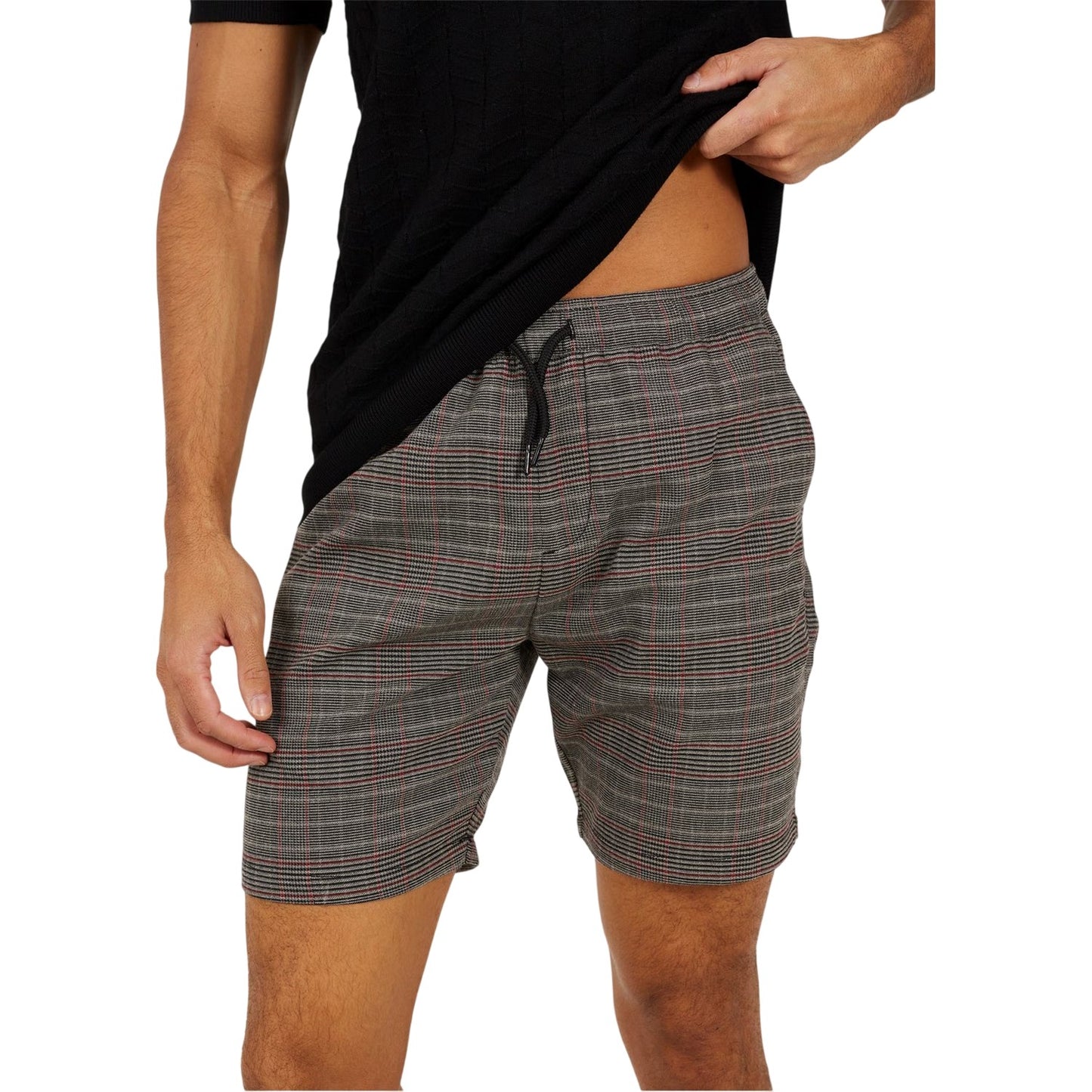 Black-Grey-Red - Side - Brave Soul Mens Plaid Shorts