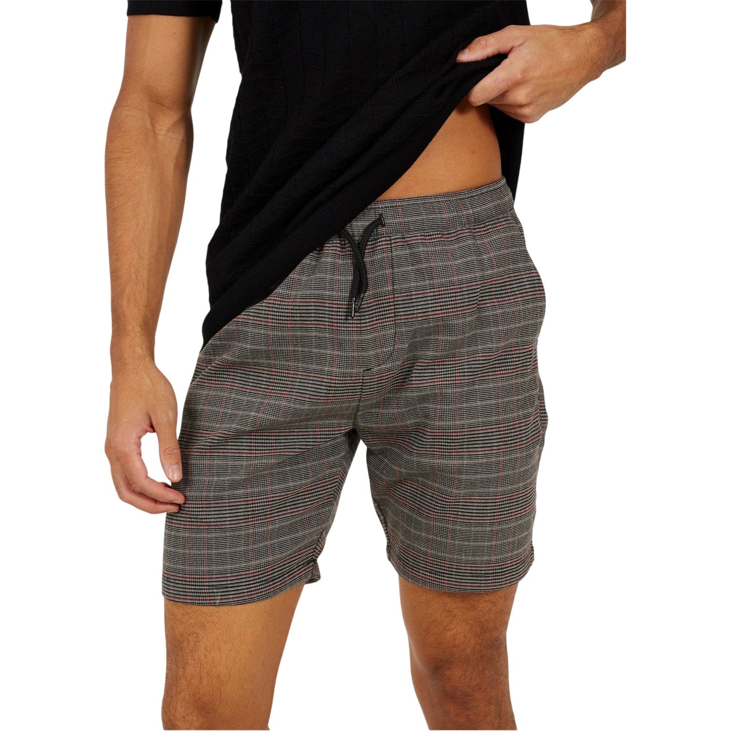 Black-Grey-Red - Side - Brave Soul Mens Plaid Shorts