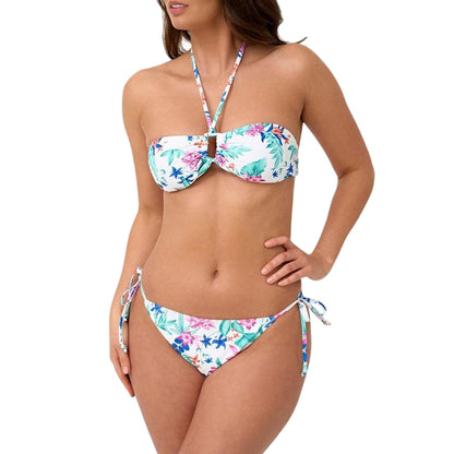 White-Multicoloured - Side - Be You Womens-Ladies Tropical Leaves Waist Tie Bikini Bottoms