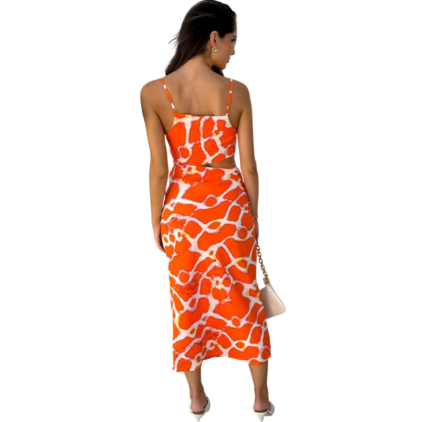 Orange - Back - AX Paris Womens-Ladies Giraffe Print Polyester Asymmetric Cut Out Midi Dress