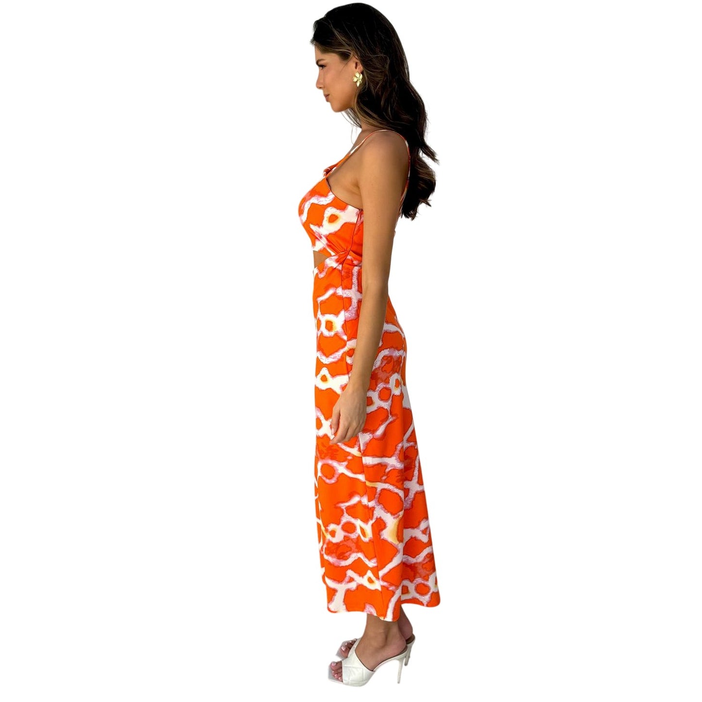 Orange - Side - AX Paris Womens-Ladies Giraffe Print Polyester Asymmetric Cut Out Midi Dress