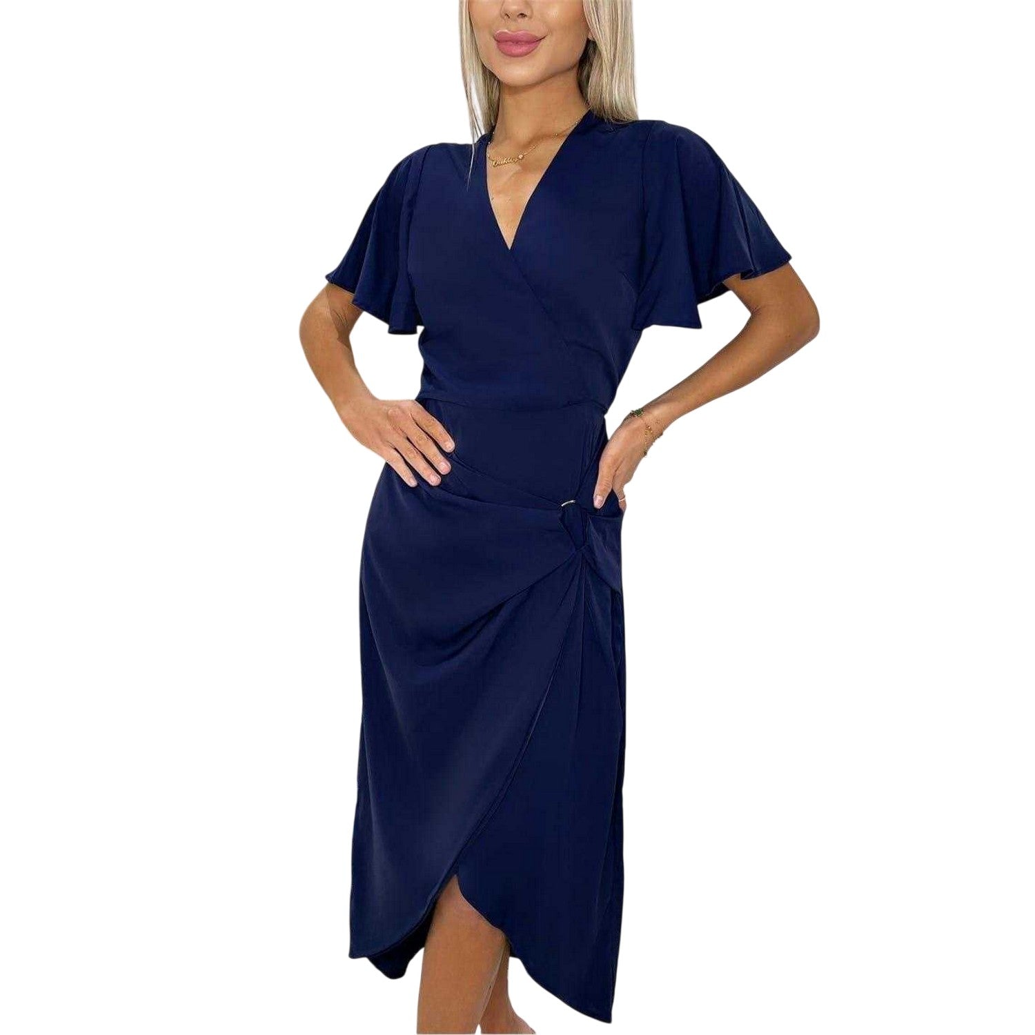 Navy - Side - AX Paris Womens-Ladies Polyester Buckle Detail Flutter Wrap Dress