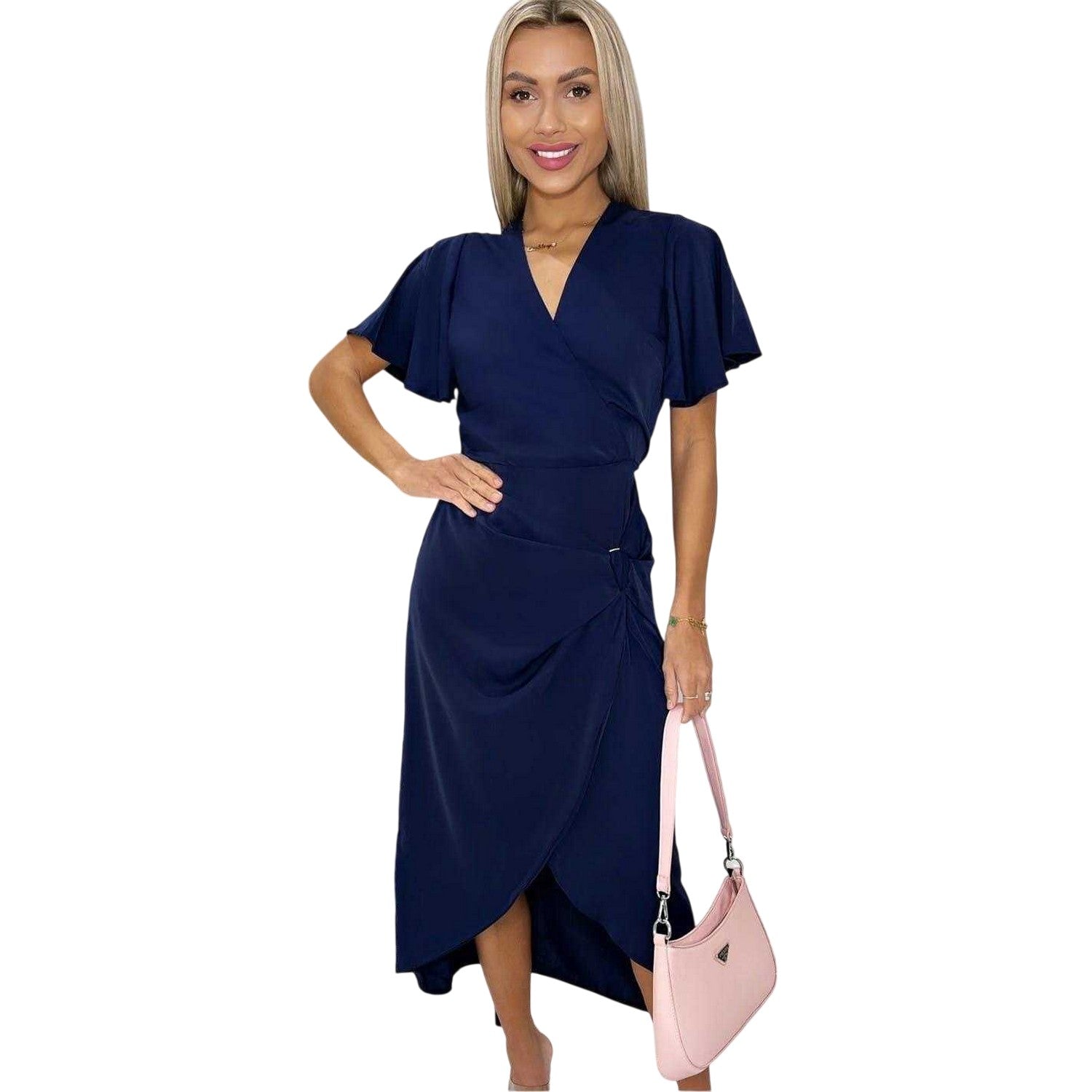 Navy - Front - AX Paris Womens-Ladies Polyester Buckle Detail Flutter Wrap Dress