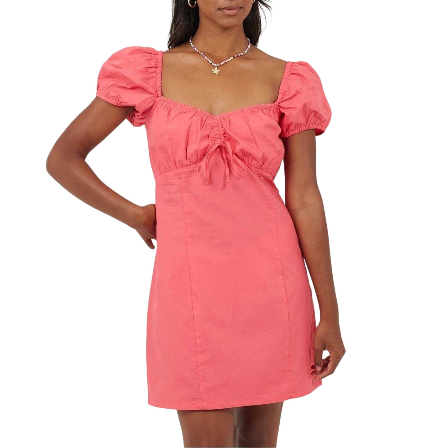 Pink - Front - Brave Soul Womens-Ladies Square Neck Puff Sleeve Mini Dress