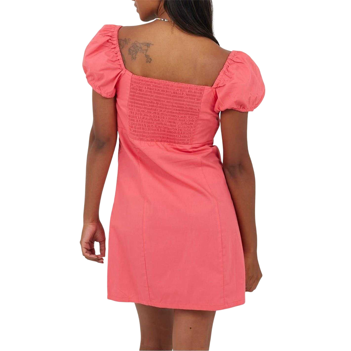 Pink - Back - Brave Soul Womens-Ladies Square Neck Puff Sleeve Mini Dress