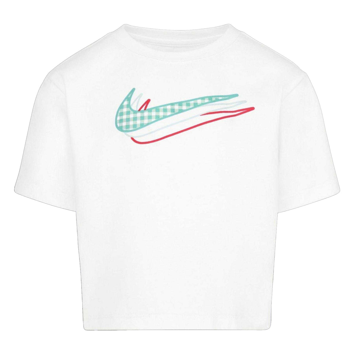 White - Front - Nike Girls Icon Gingham Boxy T-Shirt