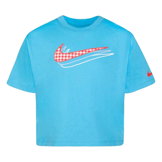 Baltic Blue - Front - Nike Girls Icon Gingham Boxy T-Shirt
