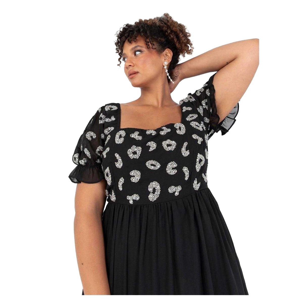 Black - Side - Lovedrobe Womens-Ladies Square Neck Short-Sleeved Midi Dress