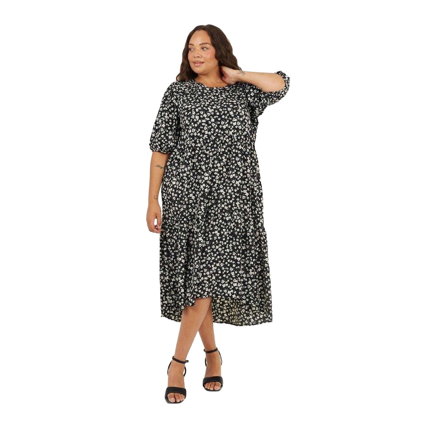 Black - Lifestyle - Brave Soul Womens-Ladies Floral Plus 3-4 Sleeve Midi Dress