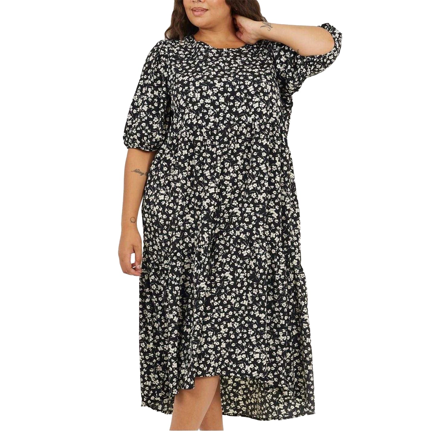 Black - Front - Brave Soul Womens-Ladies Floral Plus 3-4 Sleeve Midi Dress