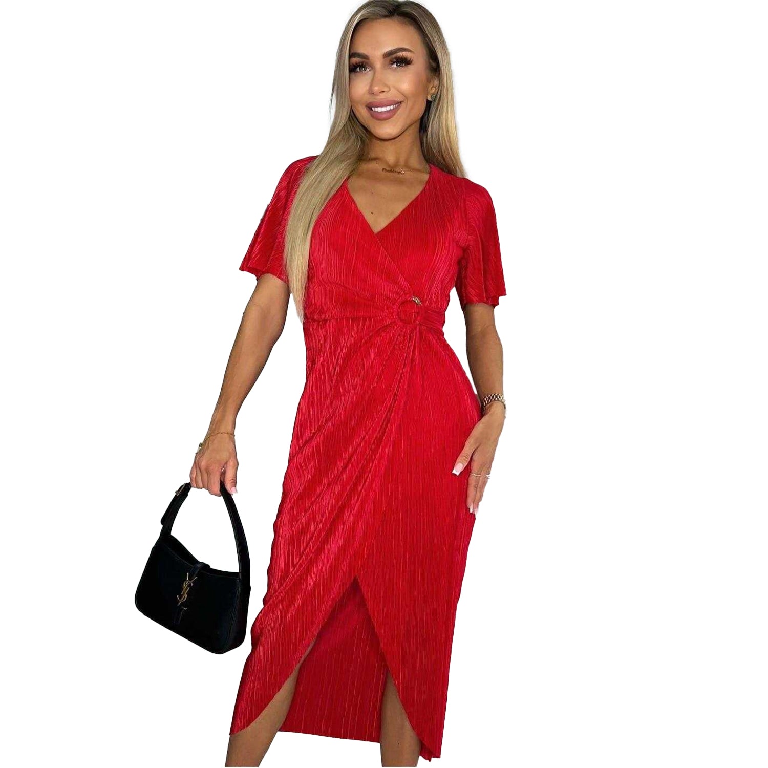 Red - Side - AX Paris Womens-Ladies Plisse Wrap Dress