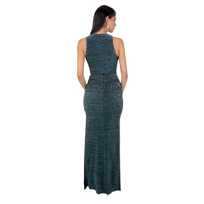Teal - Back - AX Paris Womens-Ladies Sparkle Polyester O Ring Fitted Evening Midi Dress