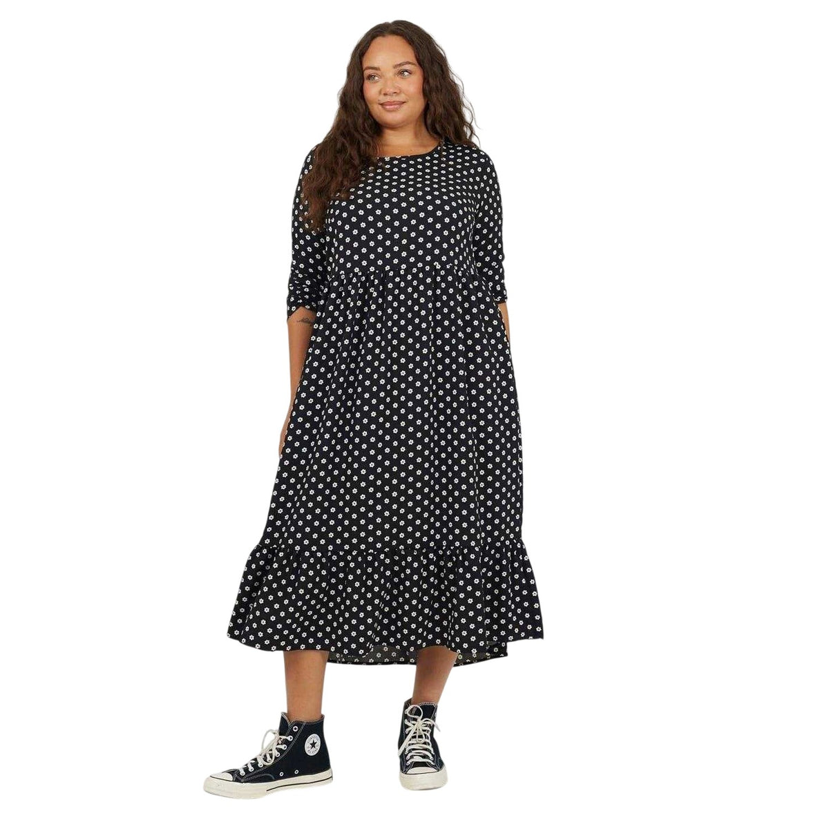 Black-White - Side - Brave Soul Womens-Ladies Polka Dot 3-4 Sleeve Midi Dress