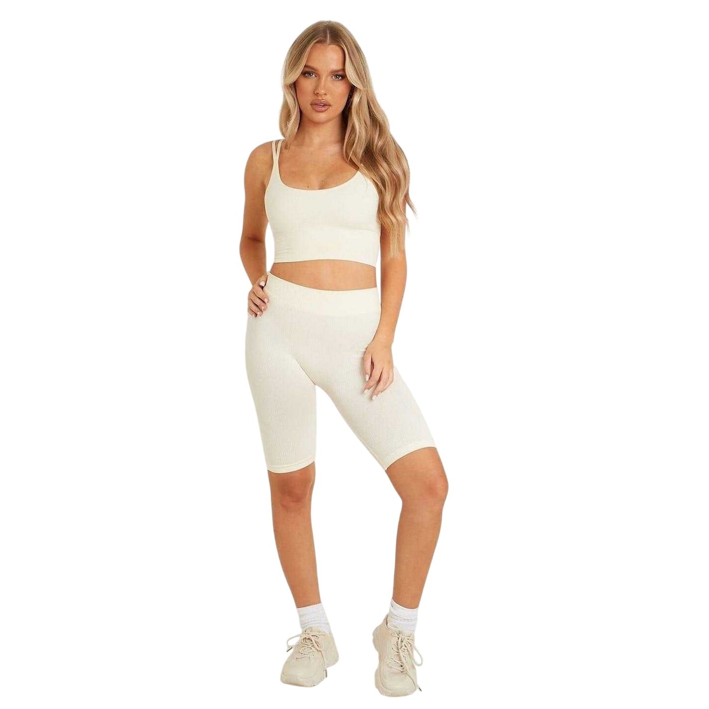 Cream - Back - Missy Empire Womens-Ladies Ribbed Seamless Cycling Shorts