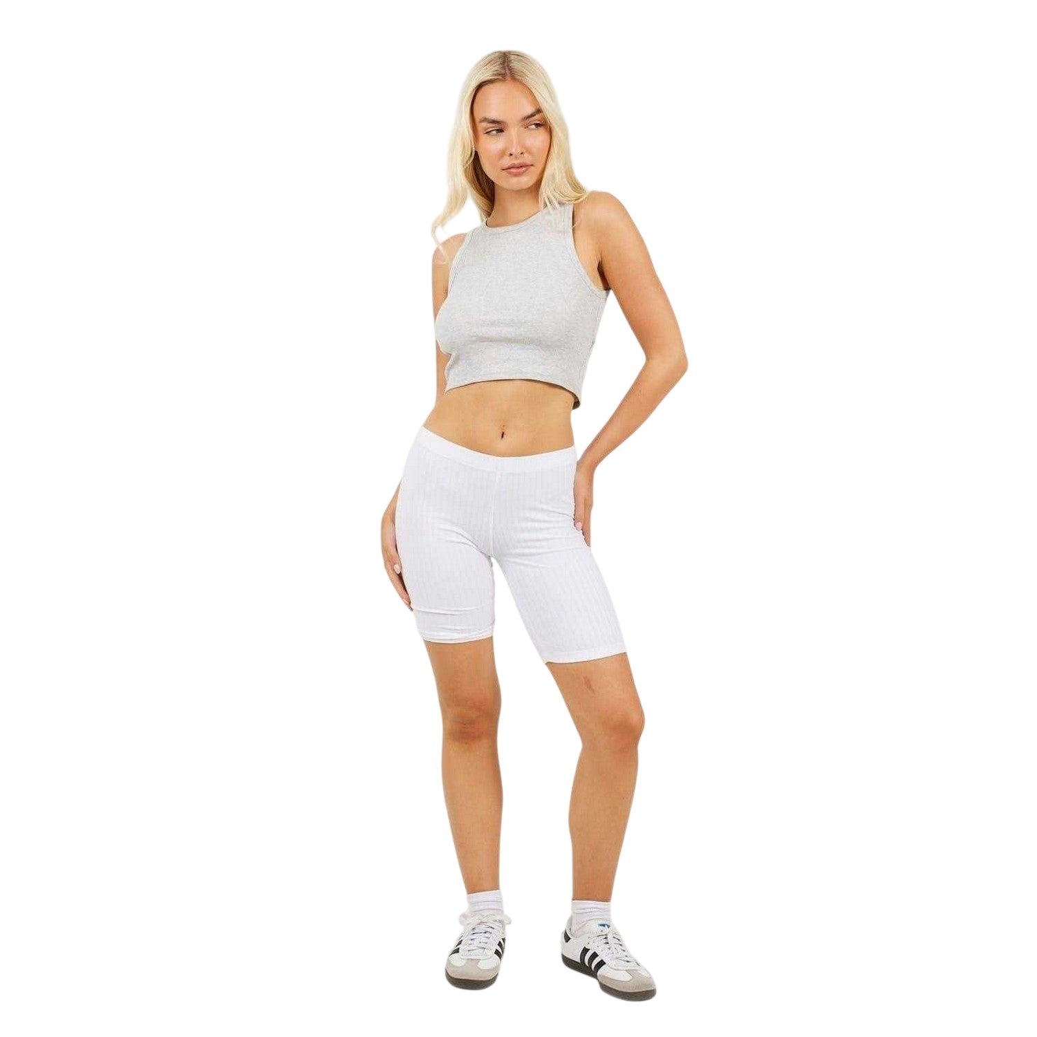 White - Side - Brave Soul Womens-Ladies Ribbed Fitted Cycling Shorts