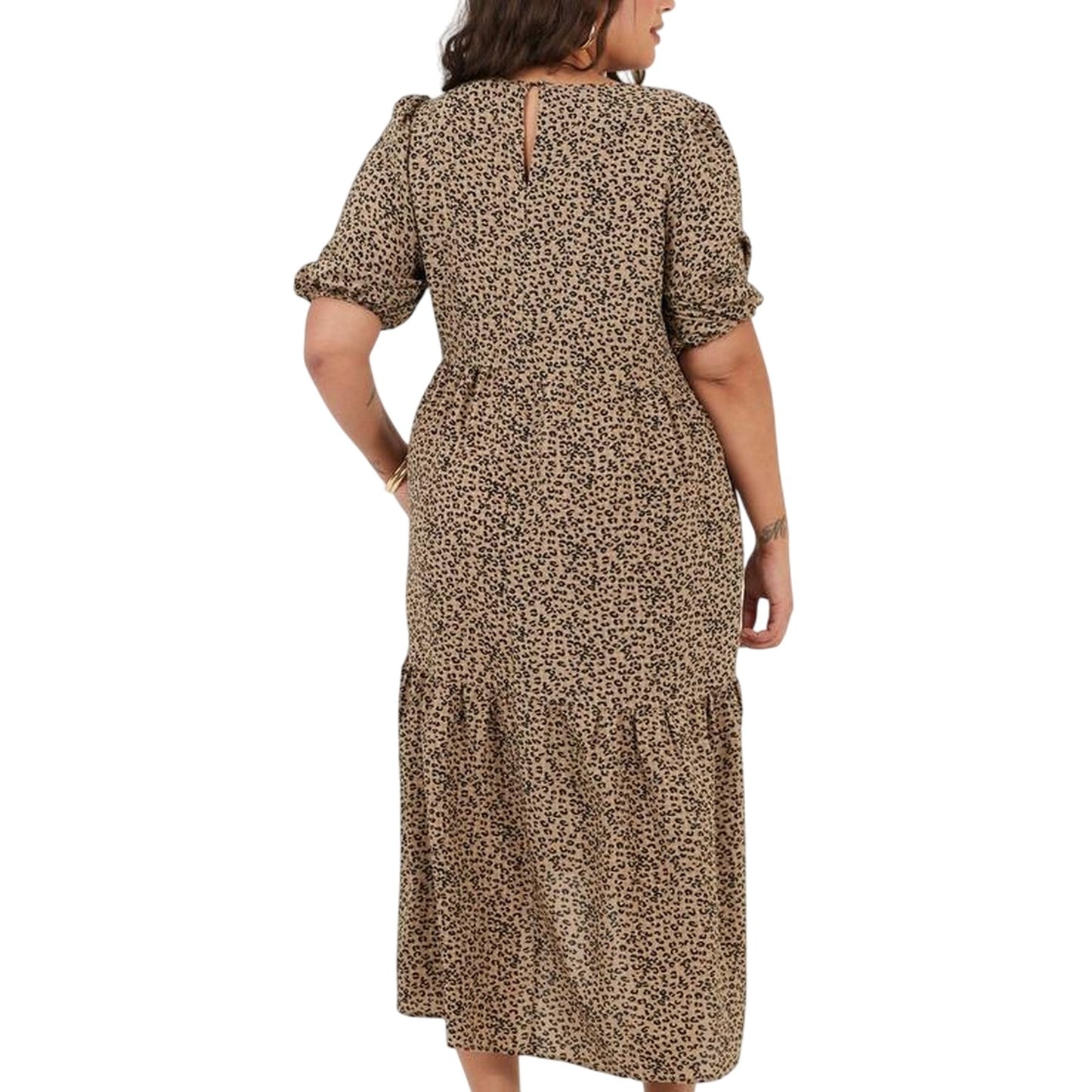 Brown-Black - Back - Brave Soul Womens-Ladies Tiered Crew Neck Short-Sleeved Midi Dress