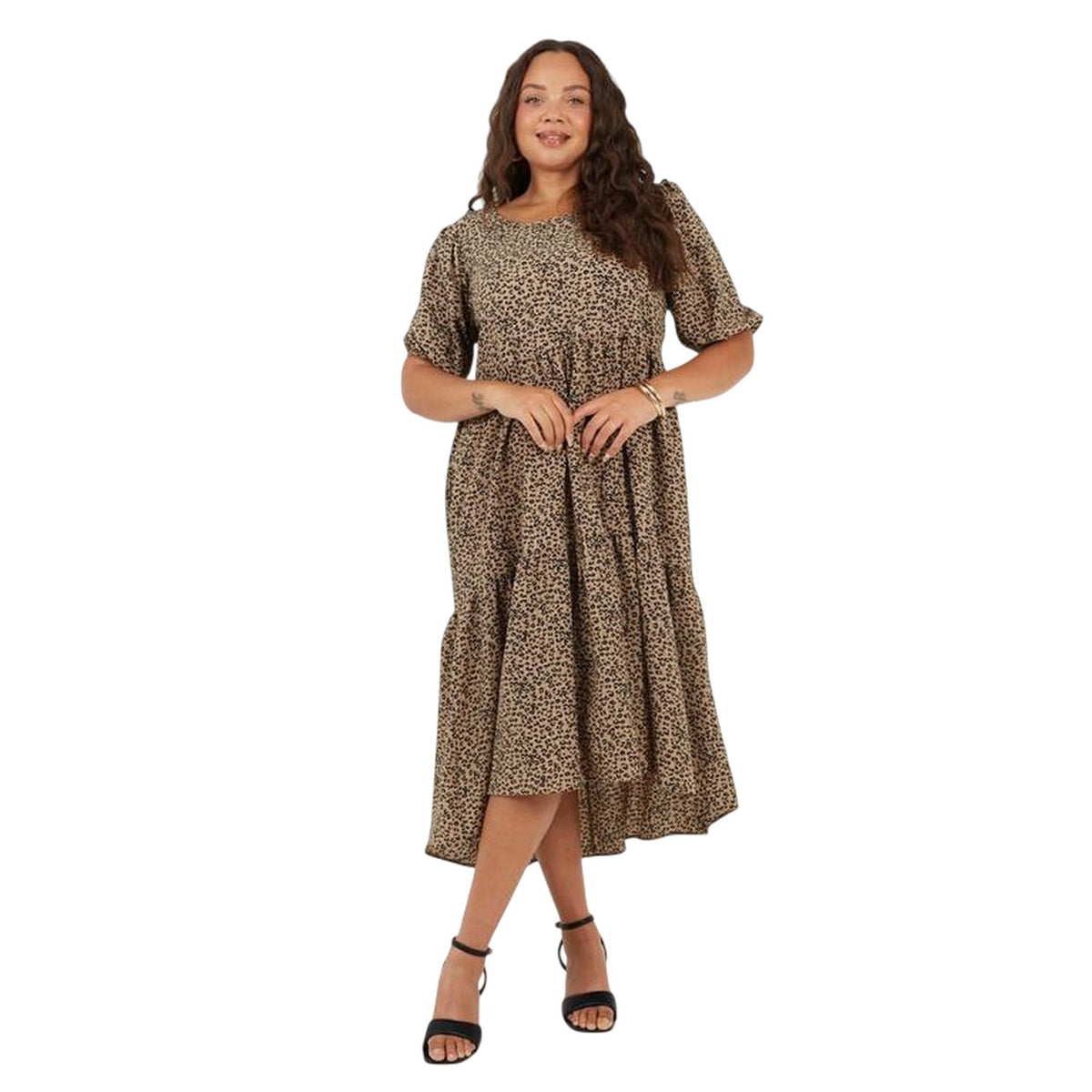 Brown-Black - Side - Brave Soul Womens-Ladies Tiered Crew Neck Short-Sleeved Midi Dress