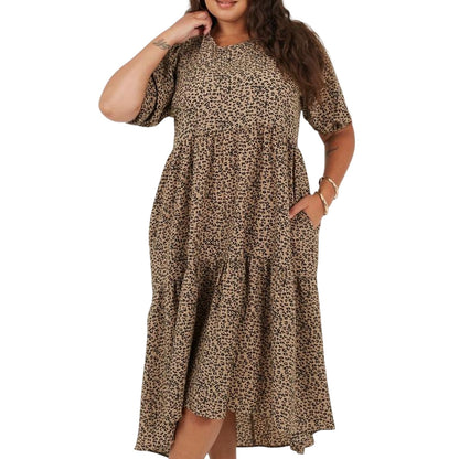 Brown-Black - Front - Brave Soul Womens-Ladies Tiered Crew Neck Short-Sleeved Midi Dress
