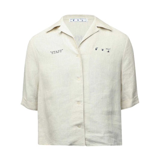 Light Beige - Front - Off White Womens-Ladies Logo Linen Shirt