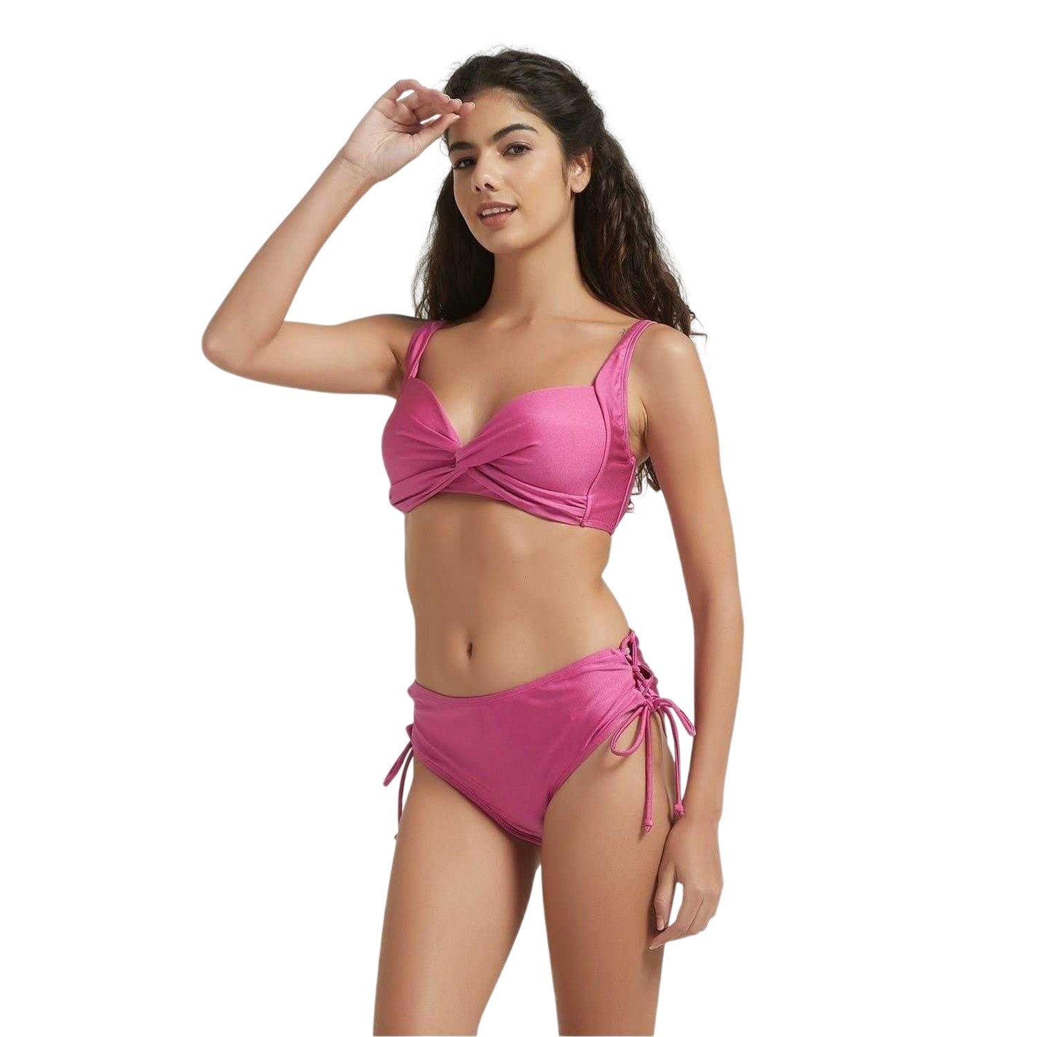 Raspberry - Side - Be You Womens-Ladies Shimmer Lattice Back Two-Piece Swimsuit Set