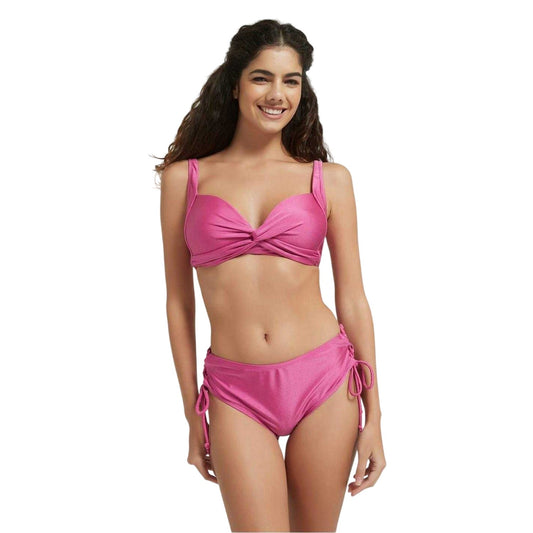 Raspberry - Front - Be You Womens-Ladies Shimmer Lattice Back Two-Piece Swimsuit Set