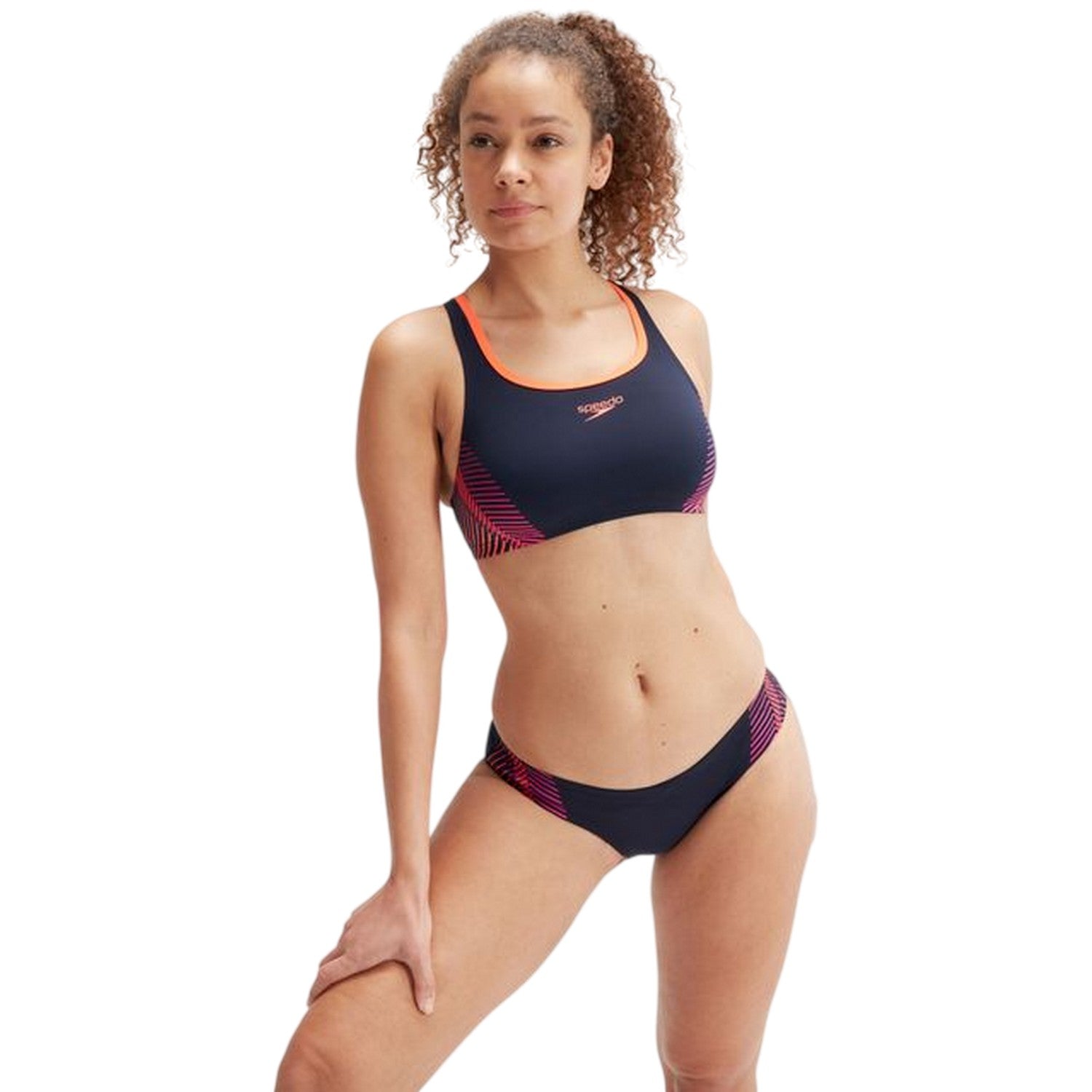 Navy-Pink - Lifestyle - Speedo Womens-Ladies Placement Stripe Two-Piece Swimsuit