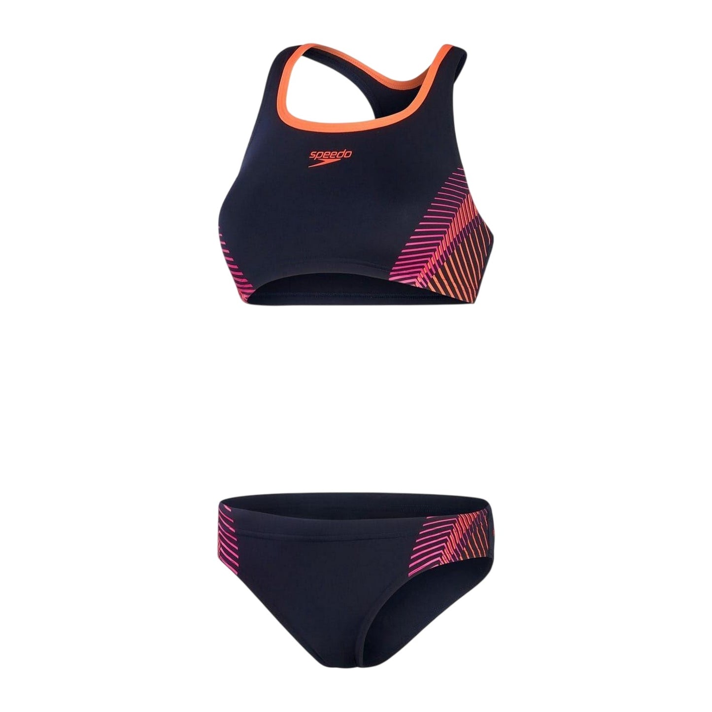 Navy-Pink - Front - Speedo Womens-Ladies Placement Stripe Two-Piece Swimsuit