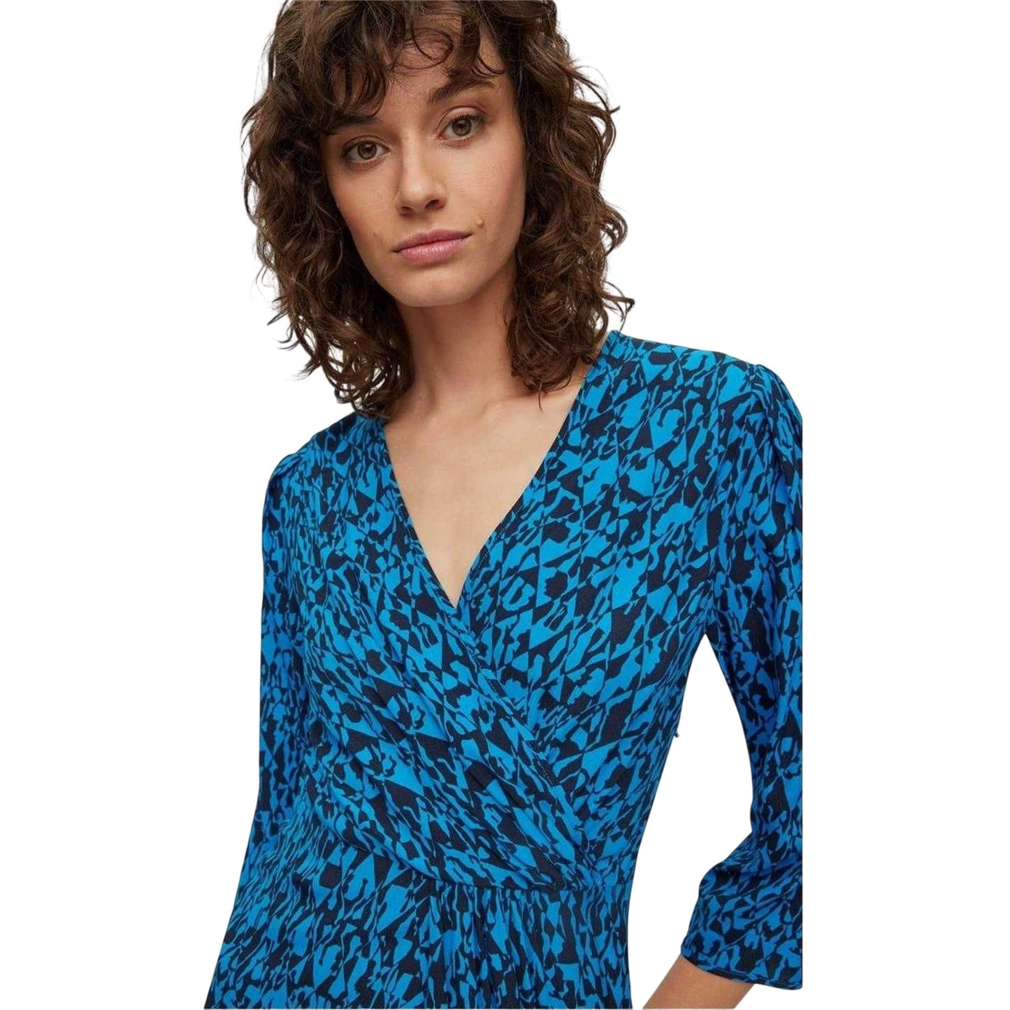 Black-Blue - Side - Boss Womens-Ladies Danottea Abstract V Neck 3-4 Sleeve Wrap Dress