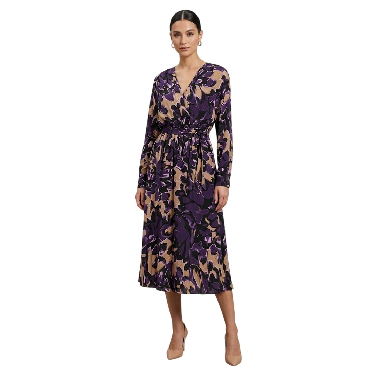 Multicoloured - Back - Boss Womens-Ladies Demaia V Neck Long-Sleeved Midi Dress
