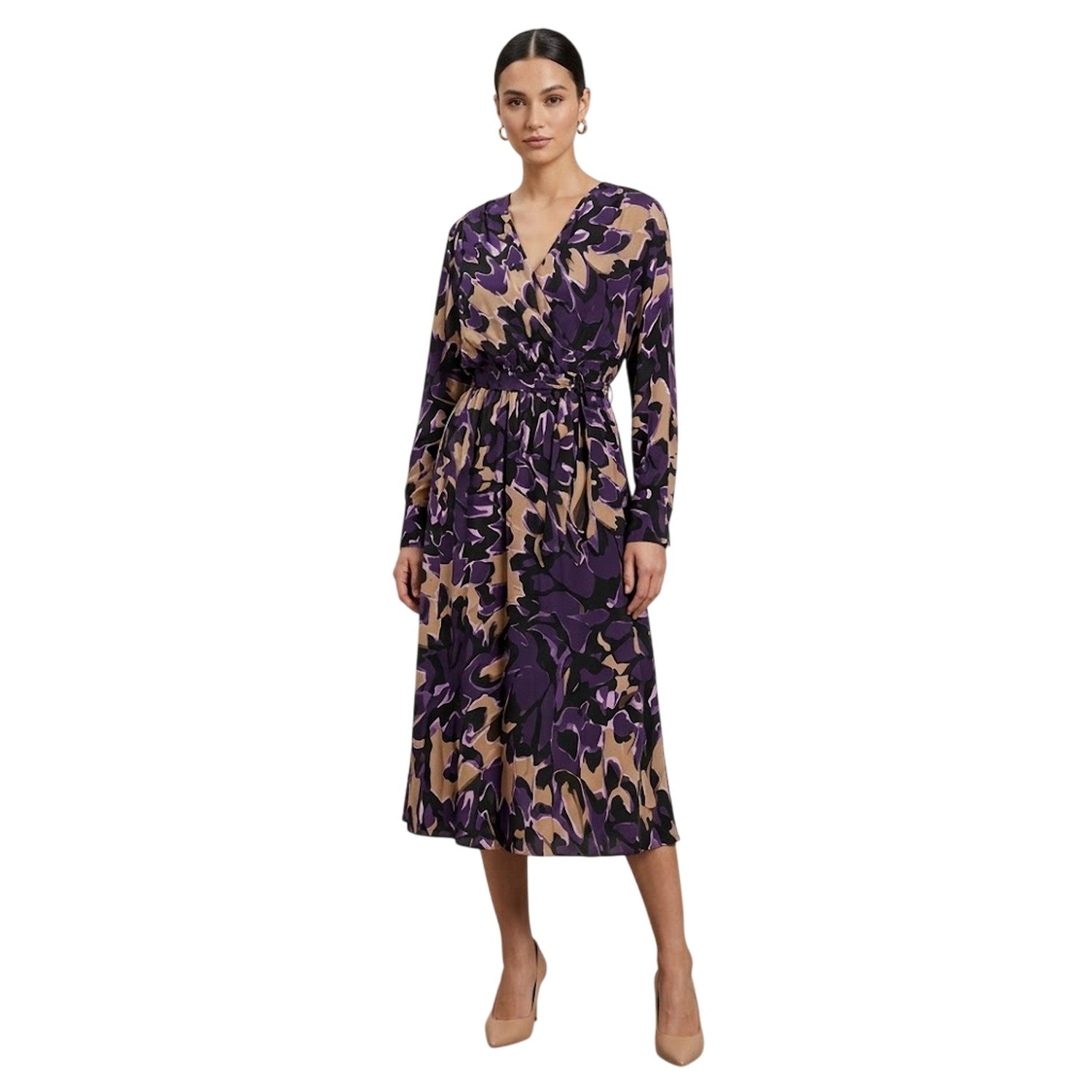 Multicoloured - Back - Boss Womens-Ladies Demaia V Neck Long-Sleeved Midi Dress